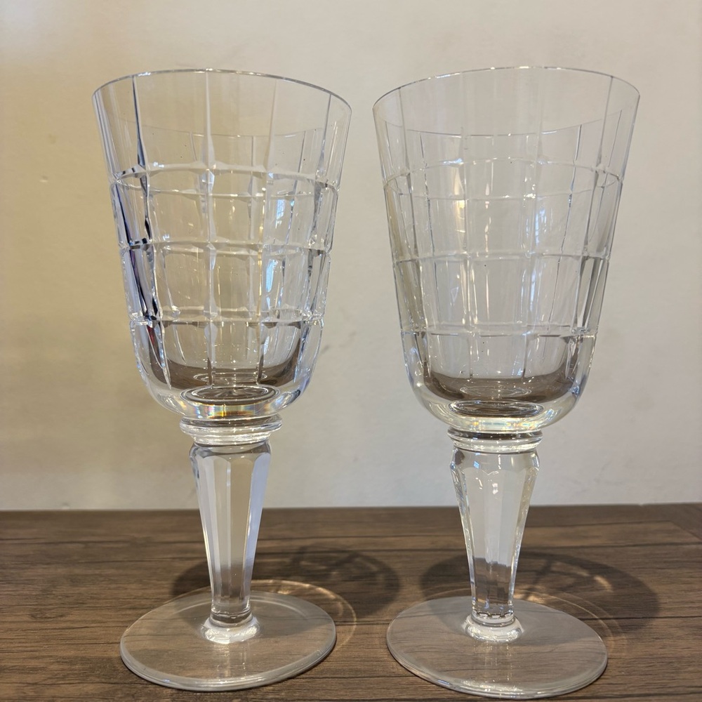 Vintage Crystal Clear Faceted Wine Goblets Glasses - Set of 2